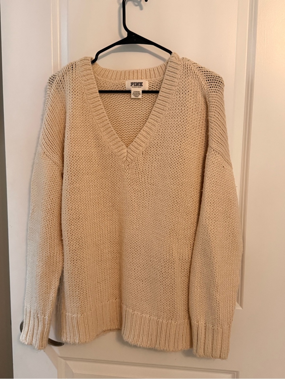 PINK - Cream V-Neck Chunky Knit Sweater